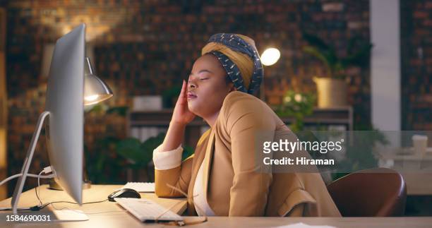 business woman, headache and sleeping on computer and night fatigue, time management or mental health. professional african person with depression, tired or career dream and online deadline in office - time life authors stock pictures, royalty-free photos & images