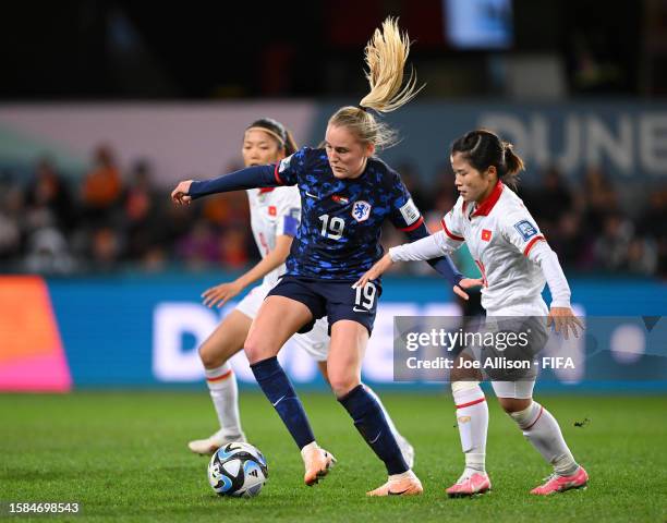 Wieke Kaptein of Netherlands is challenged by Duong Thi Van of Vietnam during the FIFA Women's World Cup Australia & New Zealand 2023 Group E match...