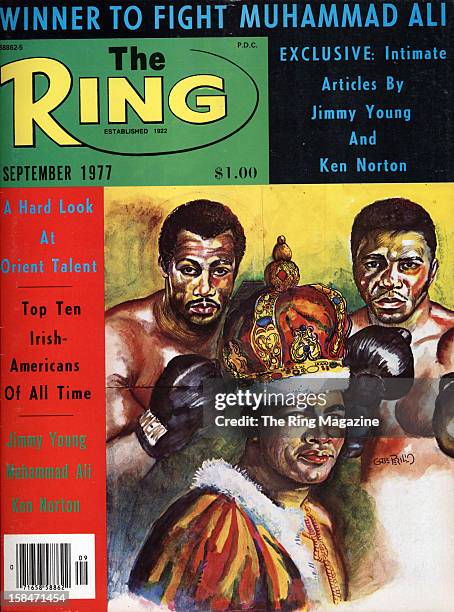 Ring Magazine Cover - Illustration of Ken Norton, Muhammad Ali and Jimmy Young on the cover.