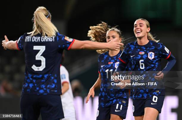 Jill Roord of Netherlands celebrates with teammates after scoring her team's seventh goal during the FIFA Women's World Cup Australia & New Zealand...