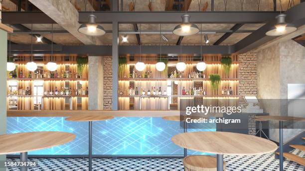 cafe/restaurant/pub. interior design. computer generated image. architectural visualization. 3d rendering. - pub wall stock pictures, royalty-free photos & images