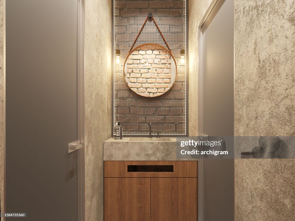 Toilet at Cafe/Restaurant. Interior design. Computer generated image. Architectural Visualization. 3D rendering.