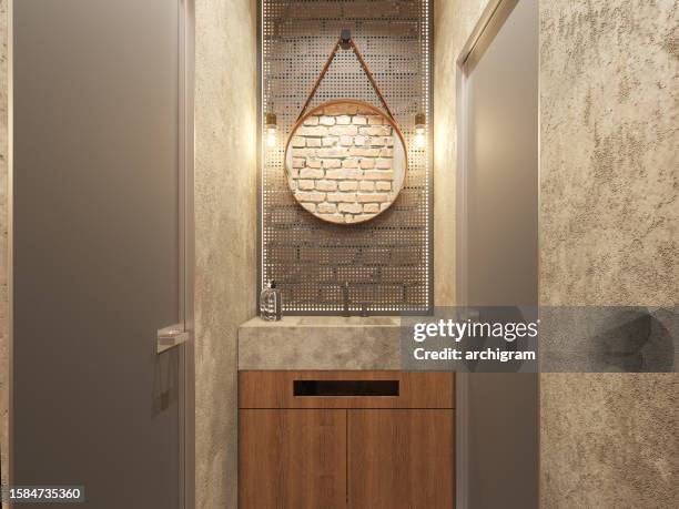 toilet at cafe/restaurant. interior design. computer generated image. architectural visualization. 3d rendering. - nightclub bathroom stockfoto's en -beelden