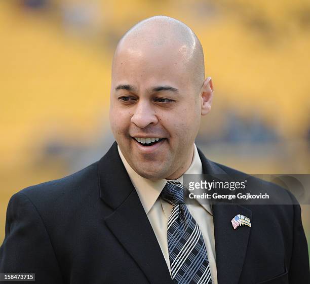 Director of Football & Business Administration Omar Khan of the Pittsburgh Steelers looks on from the sideline before a game against the San Diego...