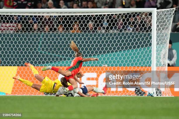 Ana Capeta of Portugal sends a shot off the post during the second half of the FIFA Women's World Cup Australia & New Zealand 2023 Group E match...