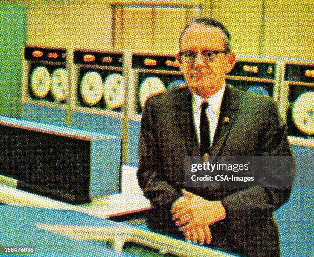 man sitting in old style computer room - computer lab stock illustrations