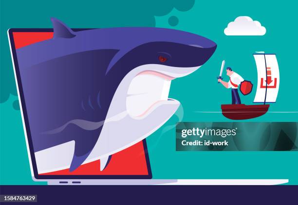 businessman holding sword and standing in sailboat and meeting angry shark on laptop - slow computer stock illustrations