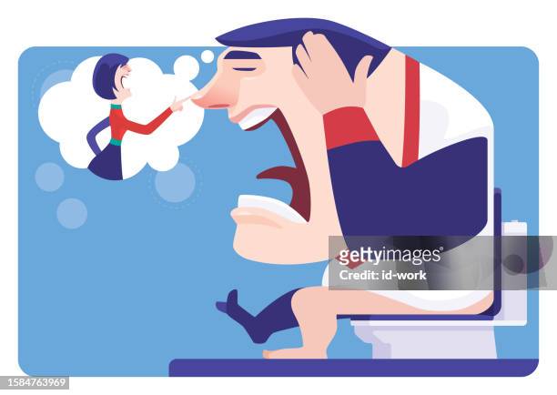 ilustrações de stock, clip art, desenhos animados e ícones de man sitting on toilet bowl and covering ears while thinking angry woman blaming and pointing at him - mãos nas orelhas