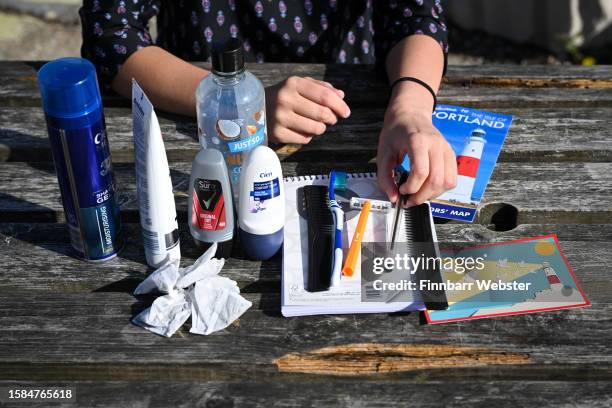 Contents of Portland Global Friendship Group's welcome pack for the first migrants due at the Bibby Stockholm immigration barge is displayed outside...
