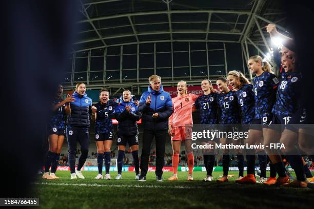 Andries Jonker, Head Coach of Netherlands, speaks to their team in a huddle after their team advanced to the knockouts during the FIFA Women's World...