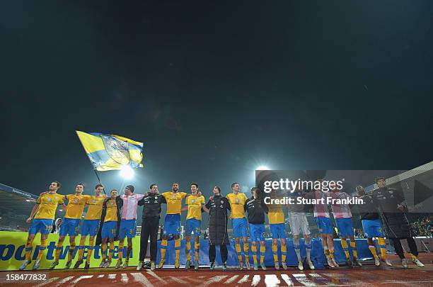 The players of Braunschweig celebrates at the end of the Second Bundesliga match between Eintracht Braunschweig and1. FC Union Berlin at the...