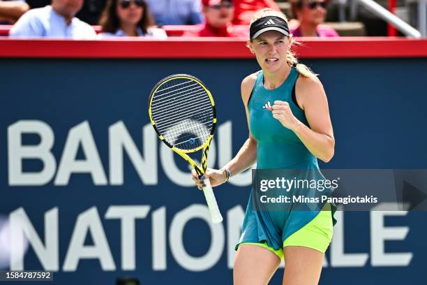 Caroline Wozniacki of Denmark reacts after winning a point against Kimberly Birrell of Australia on Day 2 during the National Bank Open at Stade IGA...