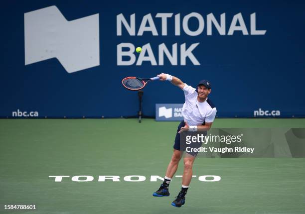 Andy Murray of Great Britain serves against Lorenzo Sonego of Italy during Day Two of the National Bank Open, part of the Hologic ATP Tour, at Sobeys...