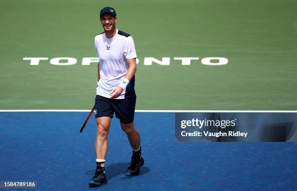 Andy Murray of Great Britain reacts at the end of a game against Lorenzo Sonego of Italy during Day Two of the National Bank Open, part of the...