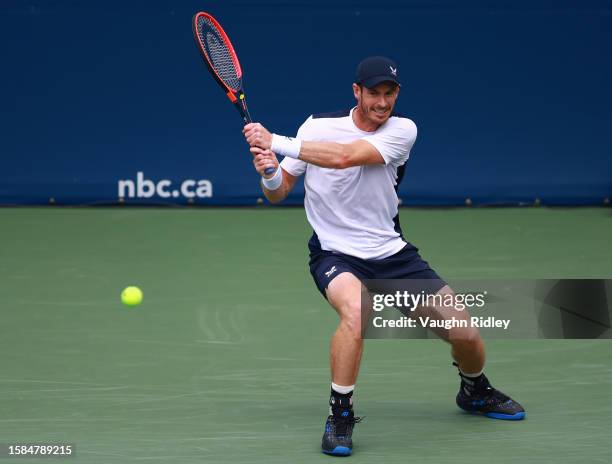 Andy Murray of Great Britain plays a shot against Lorenzo Sonego of Italy during Day Two of the National Bank Open, part of the Hologic ATP Tour, at...