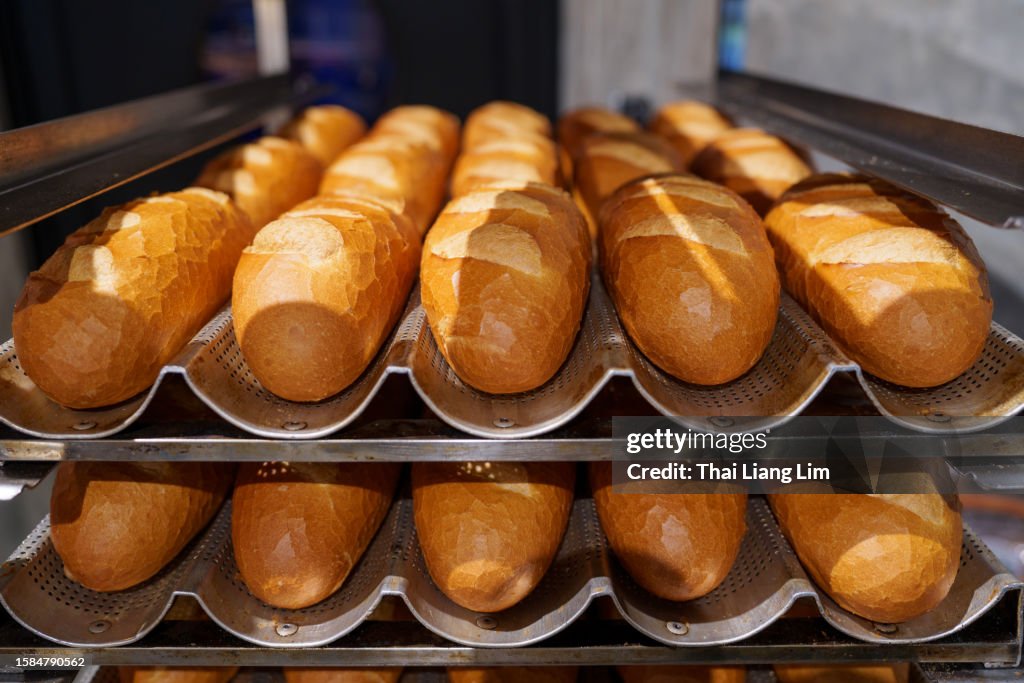 Uma foto em close-up de pães de baguete crocantes recém-assados colocados em uma prateleira de resfriamento em uma cozinha de padaria