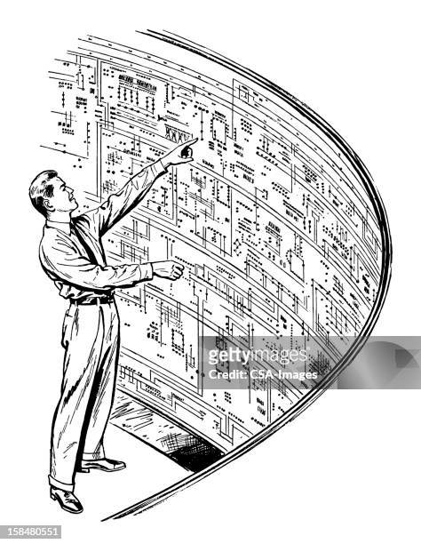 man looking at diagram - control room stock illustrations