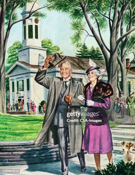 eldery couple leaving church - arm in arm stock illustrations