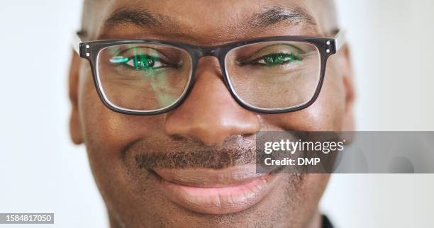 vision, eye care and face portrait of man in a studio with glasses for positive mindset. happy, optometry and headshot closeup of african young male model with spectacles isolated by white background - smiling isolated stock pictures, royalty-free photos & images