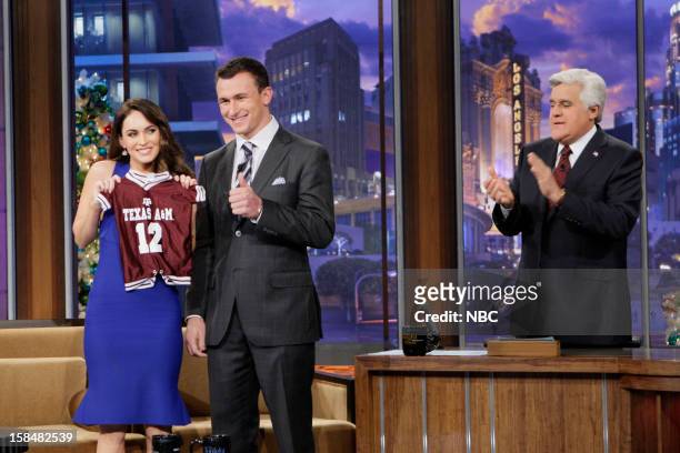 Episode 4374 -- Pictured: Actress Megan Fox, Heisman trophy winner Johnny Manziel during an interview with host Jay Leno on December 17 2012 --