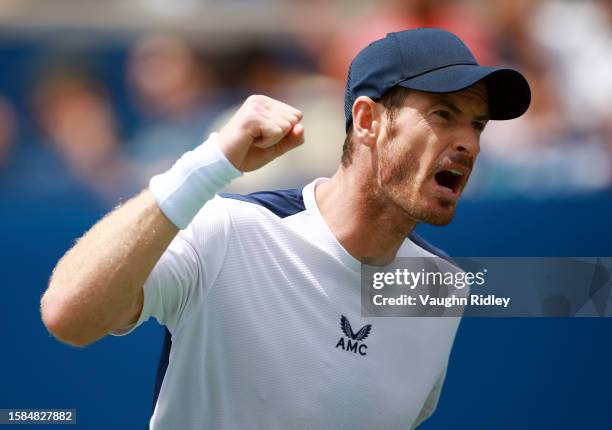 Andy Murray of Great Britain reacts against Lorenzo Sonego of Italy during Day Two of the National Bank Open, part of the Hologic ATP Tour, at Sobeys...