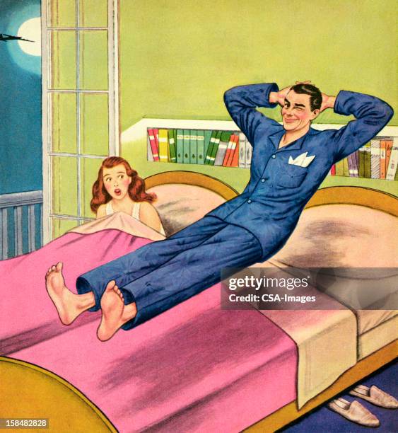 man levitating over bed - man looking inside mouth illustrated stock illustrations