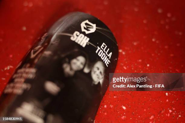 Detailed view of the shin guards of Ella Toone in the England dressing room prior to the FIFA Women's World Cup Australia & New Zealand 2023 Group D...