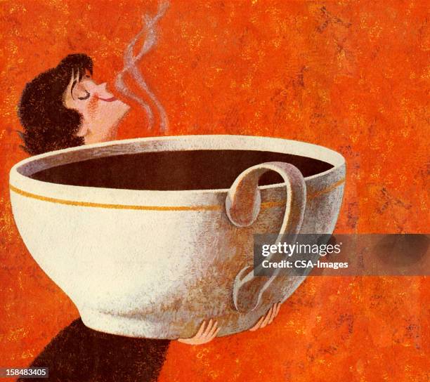 stockillustraties, clipart, cartoons en iconen met woman smelling giant cup of coffee - hot drink