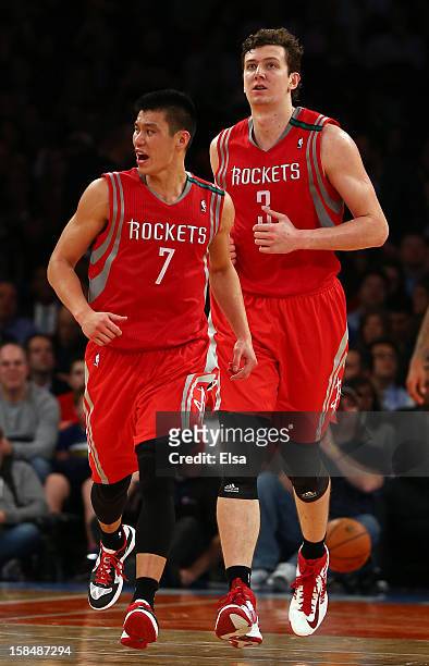 Jeremy Lin of the Houston Rockets celebrates his basket in the second half against the New York Knicks on December 17, 2012 at Madison Square Garden...