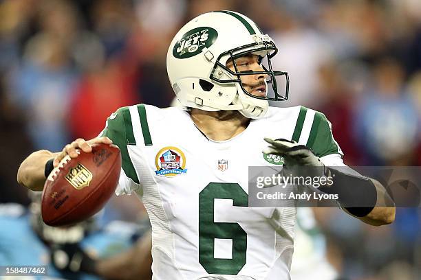 Quarterback Mark Sanchez of the New York Jets looks to throw the ball against the Tennessee Titans at LP Field on December 17, 2012 in Nashville,...