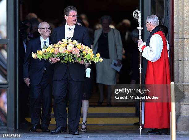 Rupert Murdoch and the Premier of Victoria Ted Baillieu leave the Dame Elisabeth Murdoch public memorial at St Paul's Cathedral on December 18, 2012...