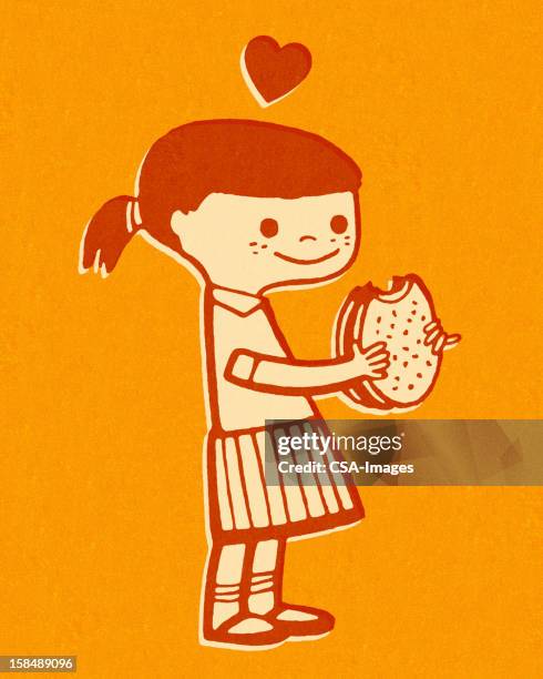 bildbanksillustrationer, clip art samt tecknat material och ikoner med little girl eating hamburger - chewing