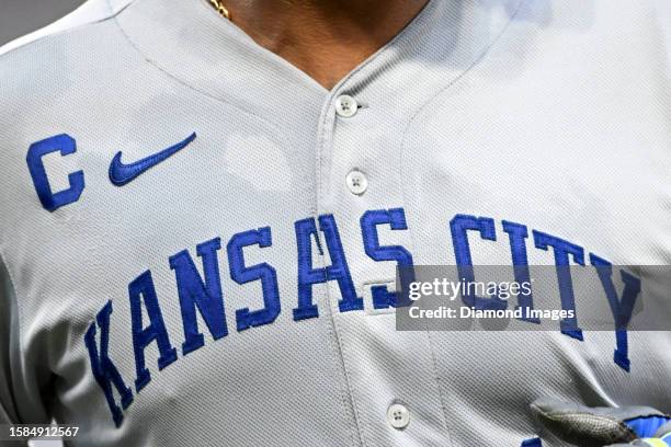 Closeup view of the Kansas City Royals logo on the jersey worn by Salvador Pérez of the Kansas City Royals during the sixth inning against the...