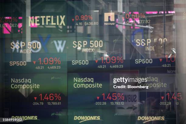 Stock market information at the Nasdaq MarketSite in New York, US, on Tuesday, Aug. 8, 2023. Stocks fell around the world as traders rushed into...