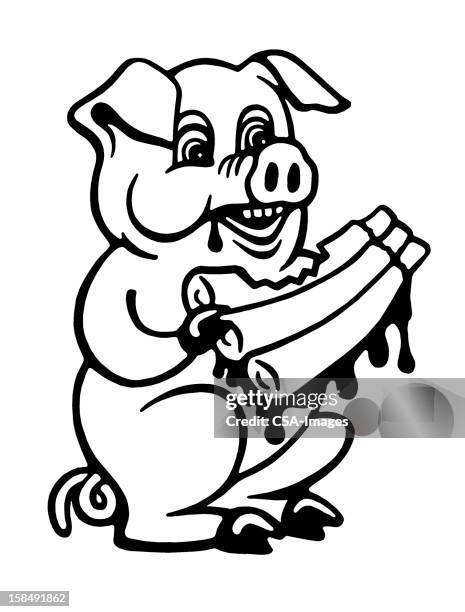 pig eating ribs - eating ribs stock illustrations