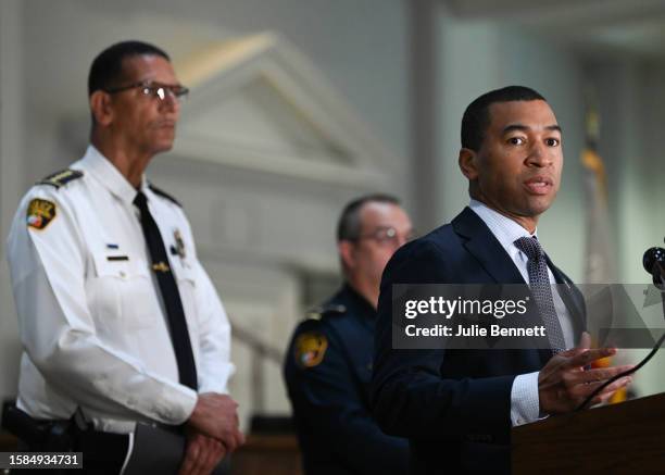 Montgomery Mayor Steven Reed speaks to the press regarding the brawl that occurred Saturday on the riverfront on August 8, 2023 in Montgomery,...