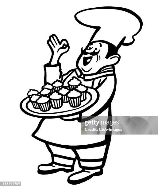 stockillustraties, clipart, cartoons en iconen met chef with tray of cupcakes - mature person happiness white background