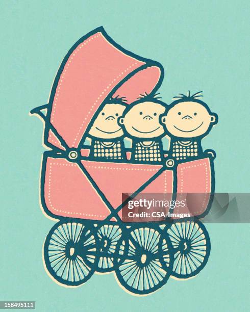triplet babies in baby buggy - triplets stock illustrations
