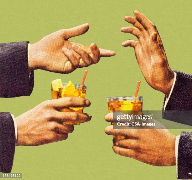 two men talking with hands and holding drink - inside of stock illustrations