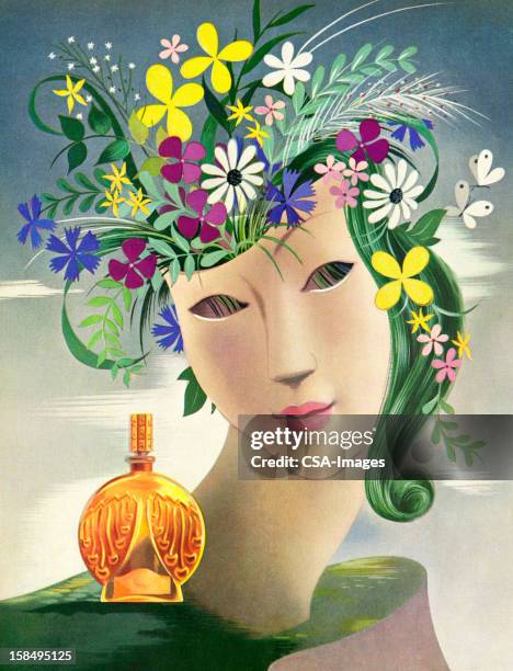 illustrations, cliparts, dessins animés et icônes de tête vas'avec flacon de parfum - parfumerie