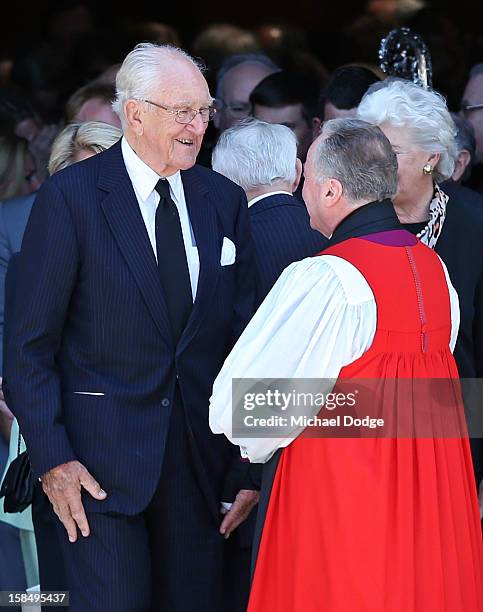 Former Prime Minister Malcom Fraser leaves after attending the Dame Elisabeth Murdoch public memorial at St Paul's Cathedral on December 18, 2012 in...