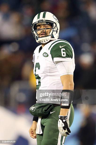 Quarterback Mark Sanchez of the New York Jets walks off the field after a play in the fourth quarter against the Tennessee Titans at LP Field on...