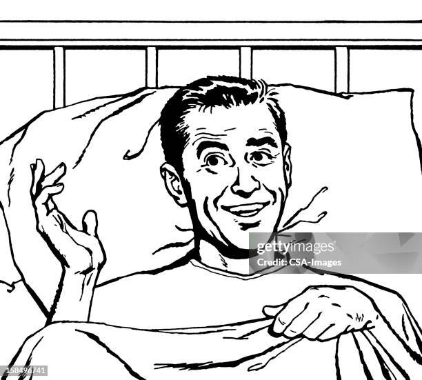 man gesturing in bed - patient lying on back stock illustrations