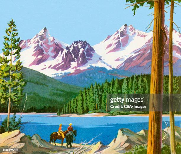 malerische gebirge und menschen auf pferde - schneebedeckt stock-grafiken, -clipart, -cartoons und -symbole