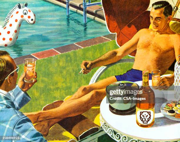 men drinking by the swimming pool - man smoking cigarette stock illustrations