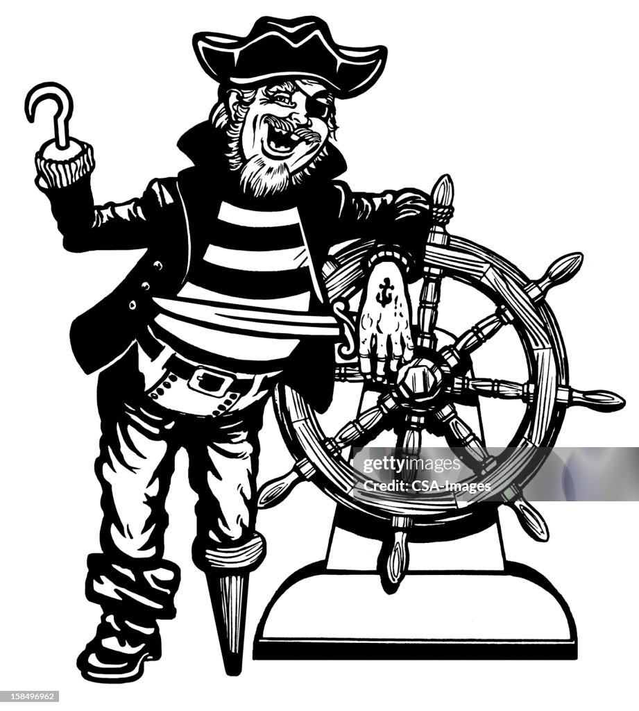 Peg Leg Pirate at The Wheel