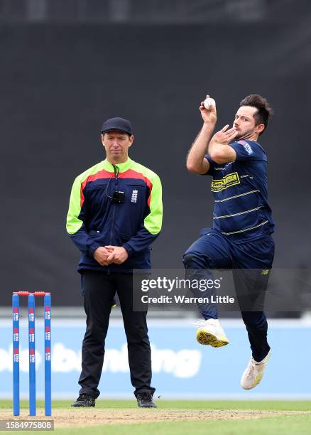 Ian Holland of Hampshire bowls during the Metro Bank One Day Cup match between Hamshire and Middlesex at Ageas Bowl on August 01, 2023 in...