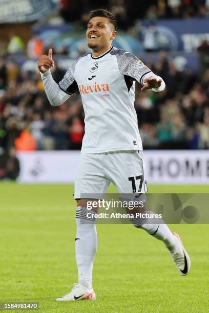 Joel Piroe of Swansea City celebrates his second goal during the Carabao Cup First Round match between Swansea City and Northampton Town at the...