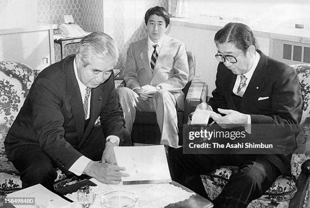 Liberal Democratic Party secreatary general Shintaro Abe and his son and secretary Shinzo Abe visit their hometown Shimonoseki mayor Yoshitsugu...