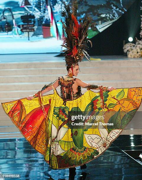 Miss Ecuador Carolina Aguirre displays her national costume at the 2012 Miss Universe National Costume event at Planet Hollywood Casino Resort on...